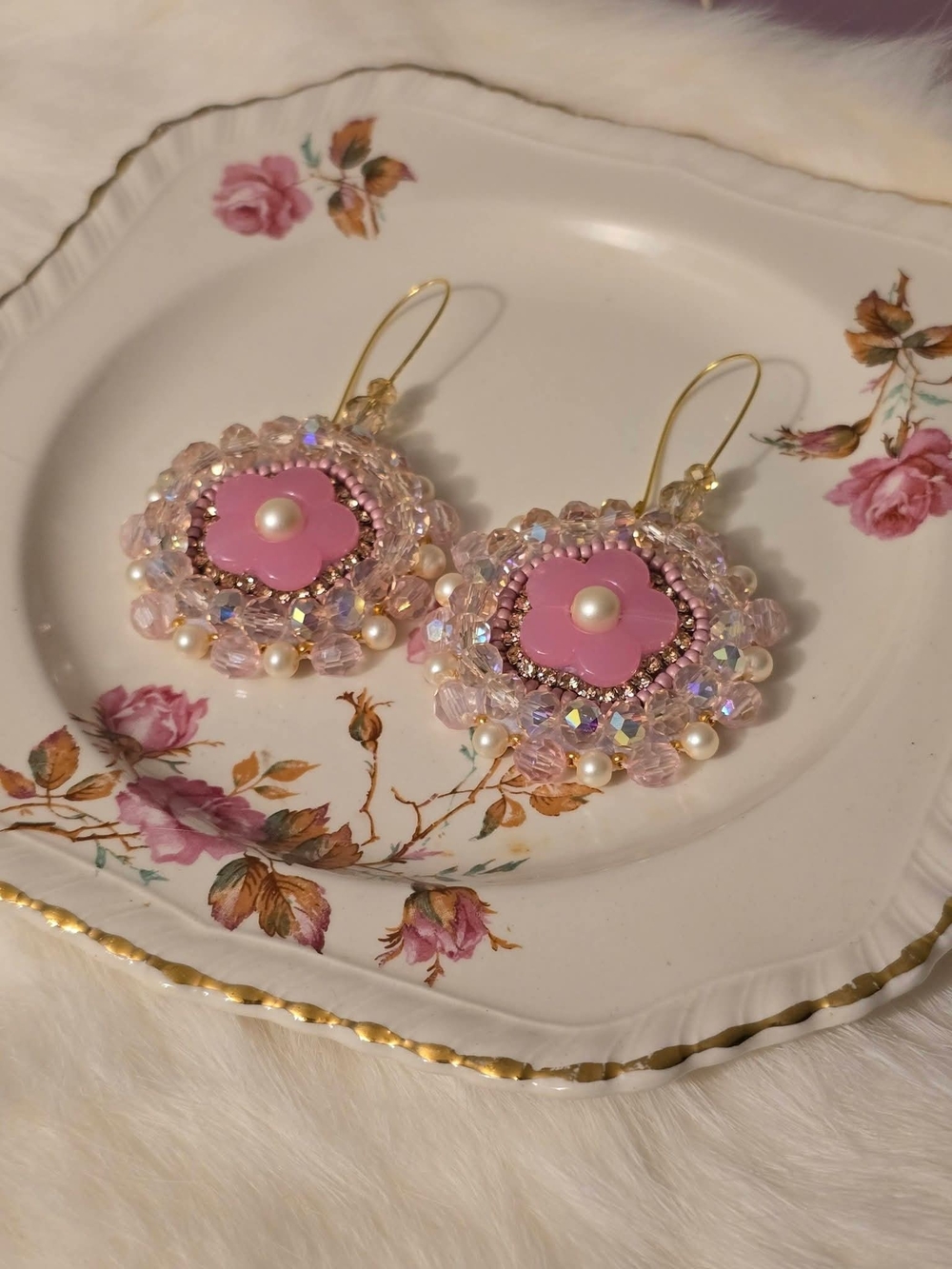 Handmade Pink Floral Beaded Earrings with Pearl Center